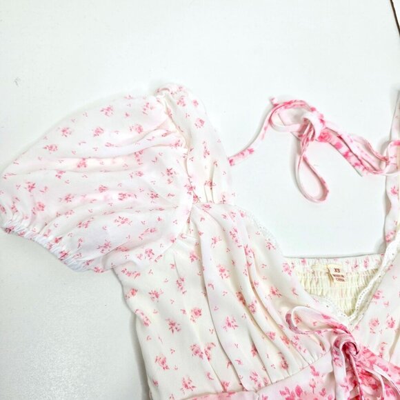 Vintage Y2K 90s Prairie Cottagecore Pink Wihte Floral Smocked Cropped Top - Picture 2 of 11